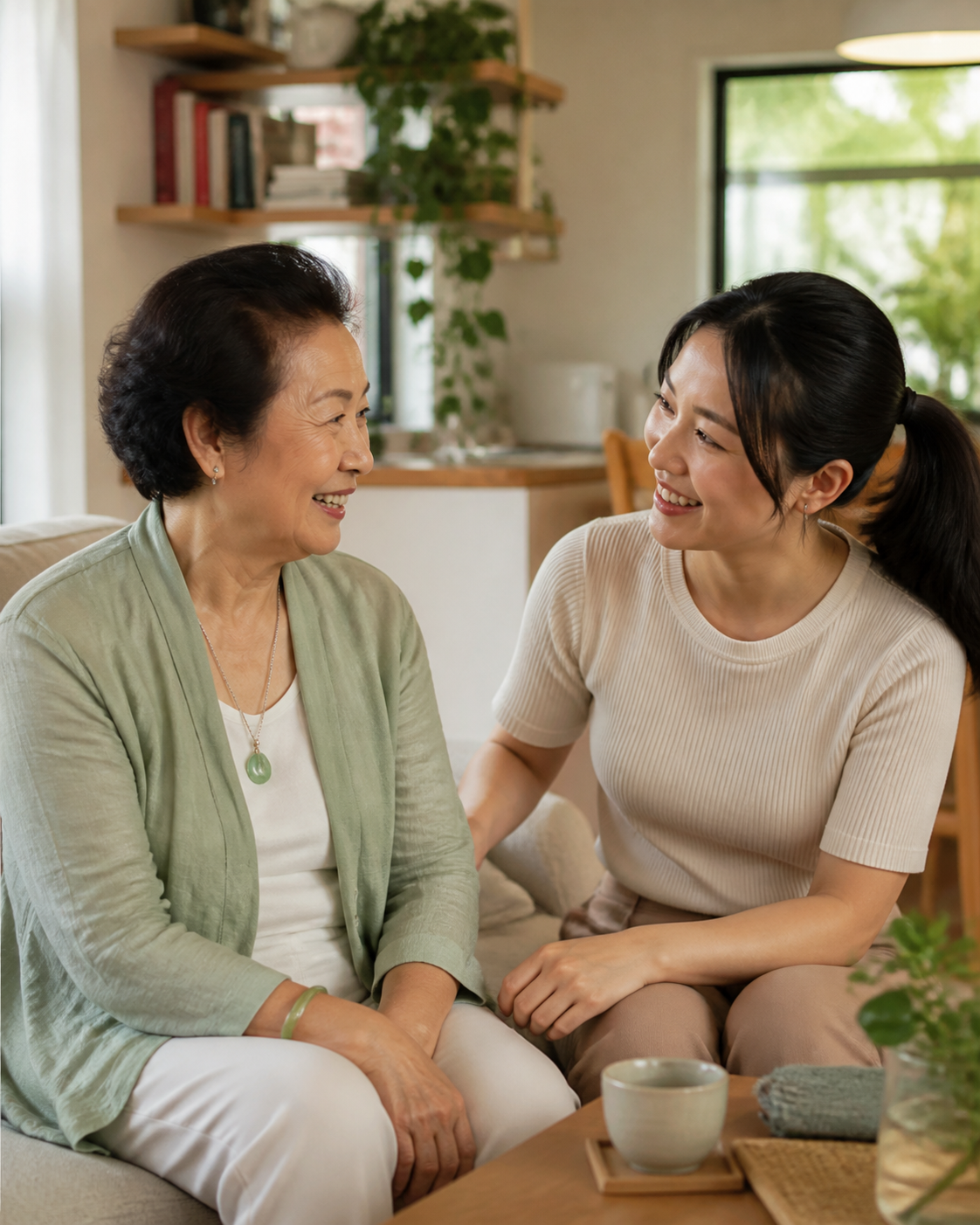 A Chinese Australian older woman sharing a warm moment with her care worker at home